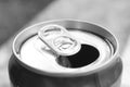 Close up of aluminum can on a top view, soda can white and black. Open can Royalty Free Stock Photo