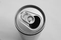 Close up of aluminum can on a top view, soda can white and black. Open can Royalty Free Stock Photo