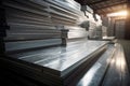 close-up of aluminum sheets stacked in a warehouse