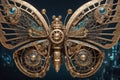 Close up of amazing antique experimental prototype of Steampunk monarch butterfly, futuristic Steampunk concept art, intricate