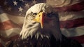 Close-up of an American Bald Eagle Head Over An American Flag Abstract Background - Generative AI