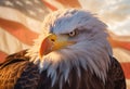 Dramatic Close-up of an American Bald Eagle Head Over An American Flag Abstract Background - Generative AI Royalty Free Stock Photo