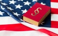 Close up of american flag and lawbook
