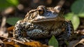 Close-Up of American Toad Resting on Forest Floor, Highlighted by Dappled Sunlight Royalty Free Stock Photo