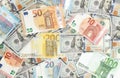 Close-Up of american US dollars and euros Royalty Free Stock Photo