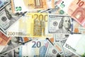 Close-Up of american US dollars and euros Royalty Free Stock Photo