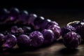 A close-up of amethyst gemstones, necklace or bracelet, with a focus on the unique and deep purple color. Concept luxury and