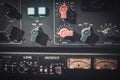 Close-up amplifier equipment with sliders and knobs at boutique recording studio. Royalty Free Stock Photo