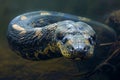 Close up of Anaconda in Water, Large South American Snake in Natural Habitat, Aquatic Reptile Lurking Royalty Free Stock Photo