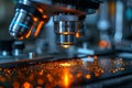 Close up of analyzing microchip transistor samples under microscope for microprocessor production