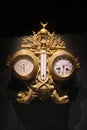 Close-up a ancient marine mercurial barometer, thermometer and clock on the dark background