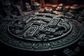 a close up of an ancient mayan symbol on a black background