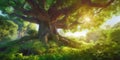 Close-up of an ancient oak tree on a hilltop, beautiful forest landscape. Generative AI illustration