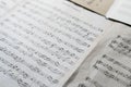 a close up ancient old paper sheet with music notes, classic culture arts Royalty Free Stock Photo