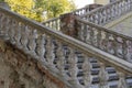 Close-up ancient stone railings. Old classic balustrade.