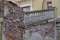 Close-up ancient stone railings. Old classic balustrade. Disrupted stairs. Royalty Free Stock Photo