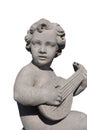 Close up of ancient stone sculpture of naked cherub playing lute on white background