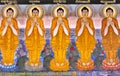 Close up of ancient temple painting of row of Buddhas, Hsipaw, Myanmar Royalty Free Stock Photo