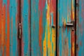 AÂ close-up of an ancient, worn door painted brightly in several layers.