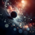 Close up angle of black floating on air, detailed focus, deep bokeh, beautiful, dreamy colors, dark cosmic background.