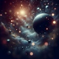 Close up angle of black floating on air, detailed focus, deep bokeh, beautiful, dreamy colors, dark cosmic background.