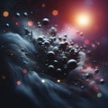 Close up angle of black floating on air, detailed focus, deep bokeh, beautiful, dreamy colors, dark cosmic background.