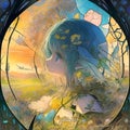 Close-up anime fairy girl with big eyes, dandelions, on summer sunrise, cute, adorable, fairytale, mystical, 2D Royalty Free Stock Photo