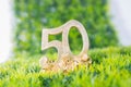 close up 50 anniversary in golden glittering numbers on green grass