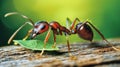 Close-up Macro Shot of a Red Ant Walking on a Wooden Surface with a Green Leaf Royalty Free Stock Photo