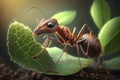 Close up of an ant eating a green leaf. Bugs and insects. Generative ai Royalty Free Stock Photo