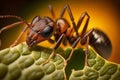 Close up of an ant eating a green leaf. Bugs and insects. Generative ai Royalty Free Stock Photo