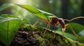 Ant Carrying Green Leaf on Mossy Branch in Lush Green Jungle Environment Royalty Free Stock Photo