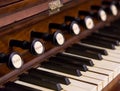 Close-up of antique reed organ harmonium