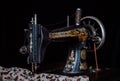 Close up of antique sewing machine Singer on black background.