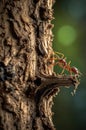 Red Ant Exploring Rough Tree Bark Texture in its Natural Habitat Royalty Free Stock Photo