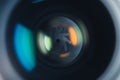 Close-up aperture blades inside of professional camera lens with color reflections Royalty Free Stock Photo