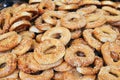 Close up of appetizing brown cakes looks as rings