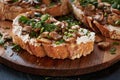 Close-up of appetizing bruschetta cream cheese and fried champignon mushrooms