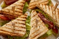 Close up on appetizing fresh and healthy grilled club sandwiches with ham and cheese Royalty Free Stock Photo