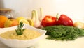 Close-up appetizing lentil porridge in a white dish on a light kitchen countertop. Top down. Healthy eating concept. Royalty Free Stock Photo