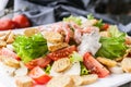 Close-up appetizing salad with shrimp, lettuce, cheese, avocado and crackers on a white plate. Delicious and healthy seafood Royalty Free Stock Photo