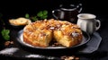 Close up apple cake with caramel syrup on plate