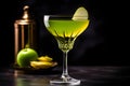 Close up of apple martini cocktail with apple slice garnish on dark background. Appletini cocktail with apples slices, vodka, Royalty Free Stock Photo