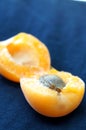 Close Up of Apricot half on Blue Linen Royalty Free Stock Photo