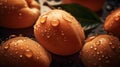 Close-up of apricots with water drops on dark background. Fruit wallpaper