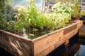 close-up of aquaponics system, showing fish swimming and plants growing