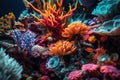 A close up of an aquarium with corals and sea anemons. Generative AI image.