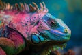 Close-up of an aquatic iguana covered in vibrant coral paint