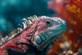 Close-up of an aquatic iguana covered in vibrant coral paint