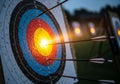 A close-up of an archery target with concentric circles in blue, red, and yellow. Several arrows Royalty Free Stock Photo